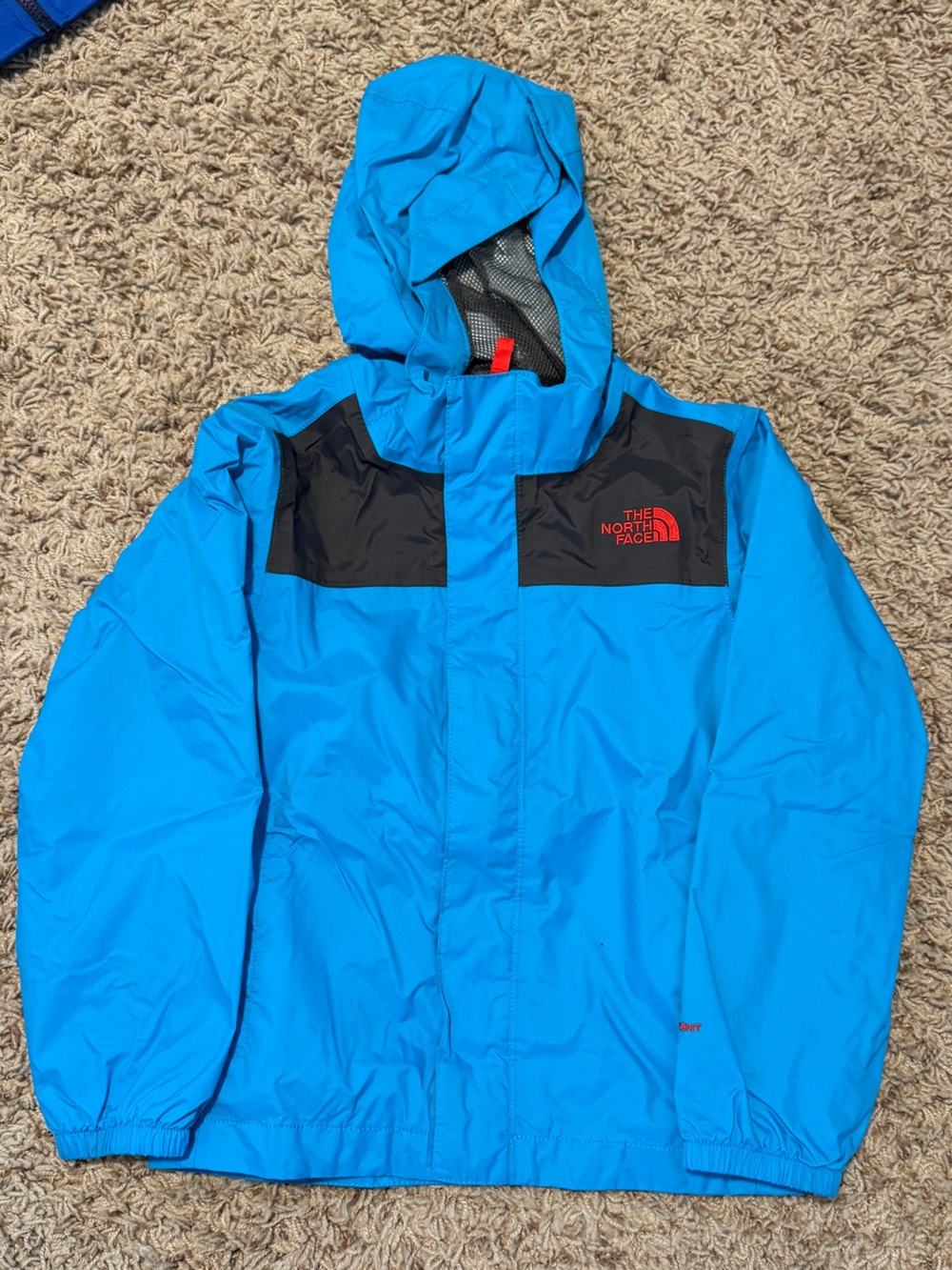 The North Face Bright Blue & Black Kids' Hooded Raincoat with Red Logo